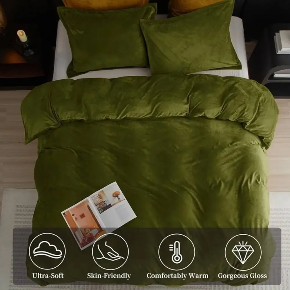 🆕 Olive Green Velvet Luxury Duvet Set Bedding High End Hotel Vibes QUEEN SET